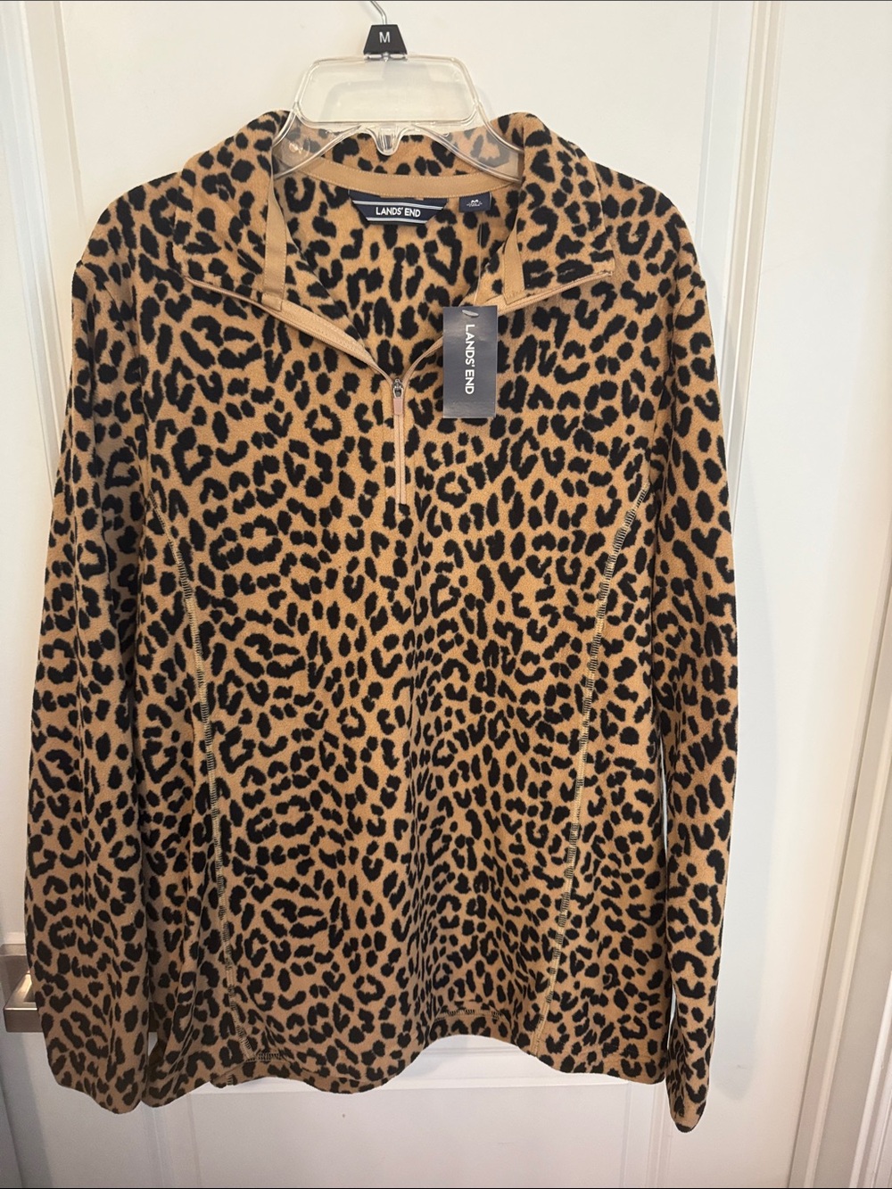 Lands' End Leopard Print Teddy Half-Zip Jacket in Tan and Black